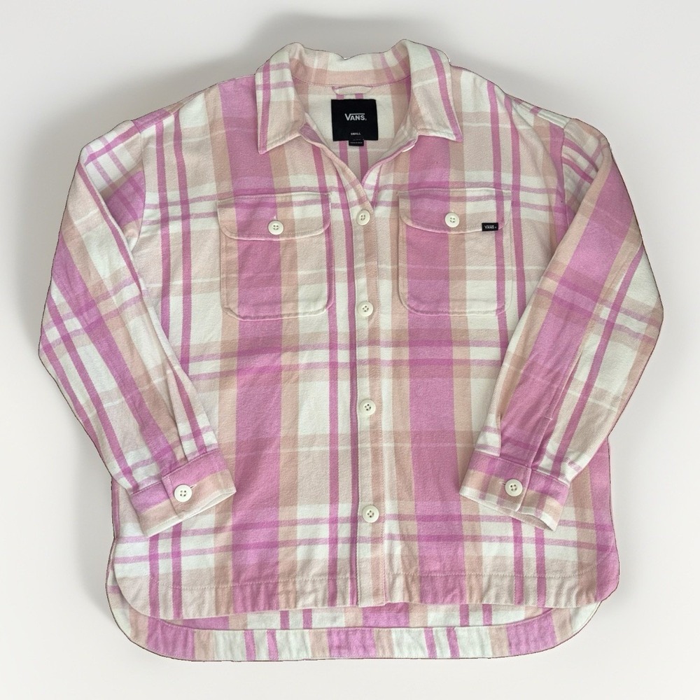 Vans Plaid Button-Down Shacket Chest Pockets Relaxed Oversized Fit Pink Size S